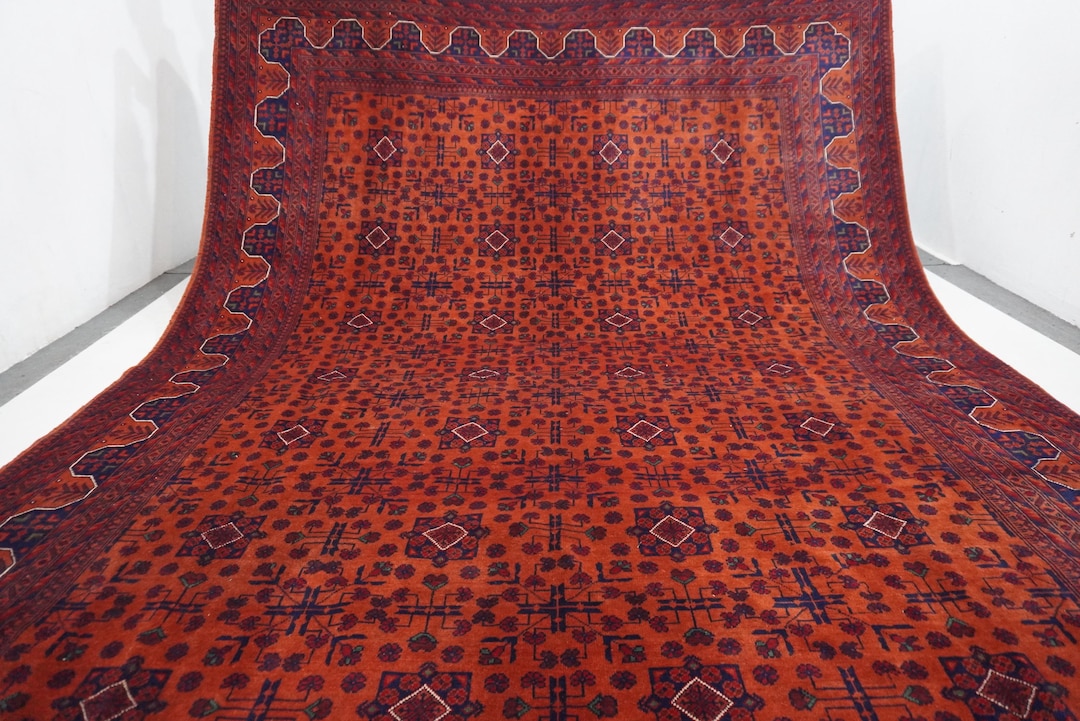 12x9 Large Orange Rug/ Afghan Bukhara Rug/ Hand Knotted Wool Rug