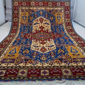 Tappeto a medaglione blu 7x10 / Tappeto afgano in lana annodato a mano / Tappeto turco Heriz / Tappeto tradizionale turkmeno / Tappeto per cameretta bambini / Tappeto per camera da letto 200 x 300 cm