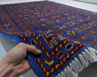 6x8 ブルー ピクトリアル ラグ/アフガニスタン ハンドメイド ウール