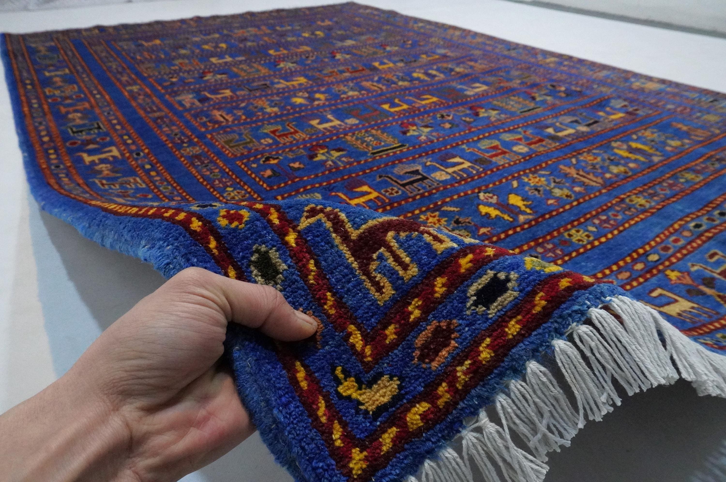 6x8 ブルー ピクトリアル ラグ/アフガニスタン ハンドメイド ウール