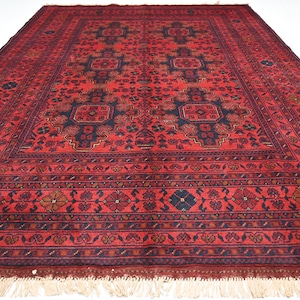 6x8 Afghan Vintage style Rug/ Turkmen Kalisaye design Khal Muhammdi Bukhara Rug/ Soft Pile Rug/ Red Handmade Wool Area Rug/ Living Room Rug