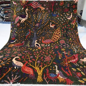 Moss Green Pictorial Rug 5x7 Afghan Handmade Wool Area Rug/ Peacock Birds Trees Rug/ Oriental Turkmen Rug/ Living room/ Kids Room 150x200 cm