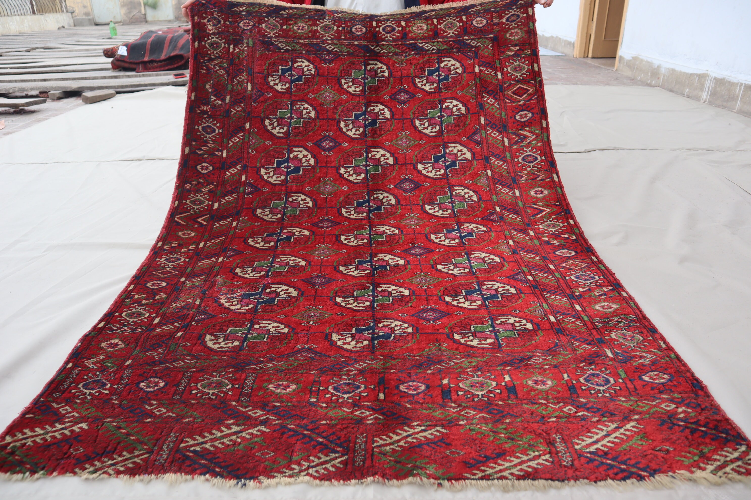 1940s Antique Rug 3'4x5 ft Turkmenistan Vintage Tekke Ersari Rug/ Hand Knotted Wool Low Pile Afghan Tribal Bukhara/ Oriental Red Carpet 3x5