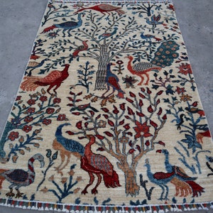 Beige Pictorial Rug 3&#39;5x5 Afghan Handmade Wool Rug/ Peacock Birds Area Rug/ 3x5 Oriental Turkmen Rug/ Kids Room Rug/ Traditional Luxury Rug