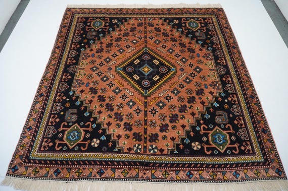 7x7 Terracotta Square Rug/ Turkmen Handmade Wool Rug/ Afghan 210x210 cm Square Rug/ Antique Pattern Caucasian design Rug/ Living Room rug
