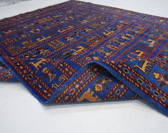 6x8 ブルー ピクトリアル ラグ/アフガニスタン ハンドメイド ウール