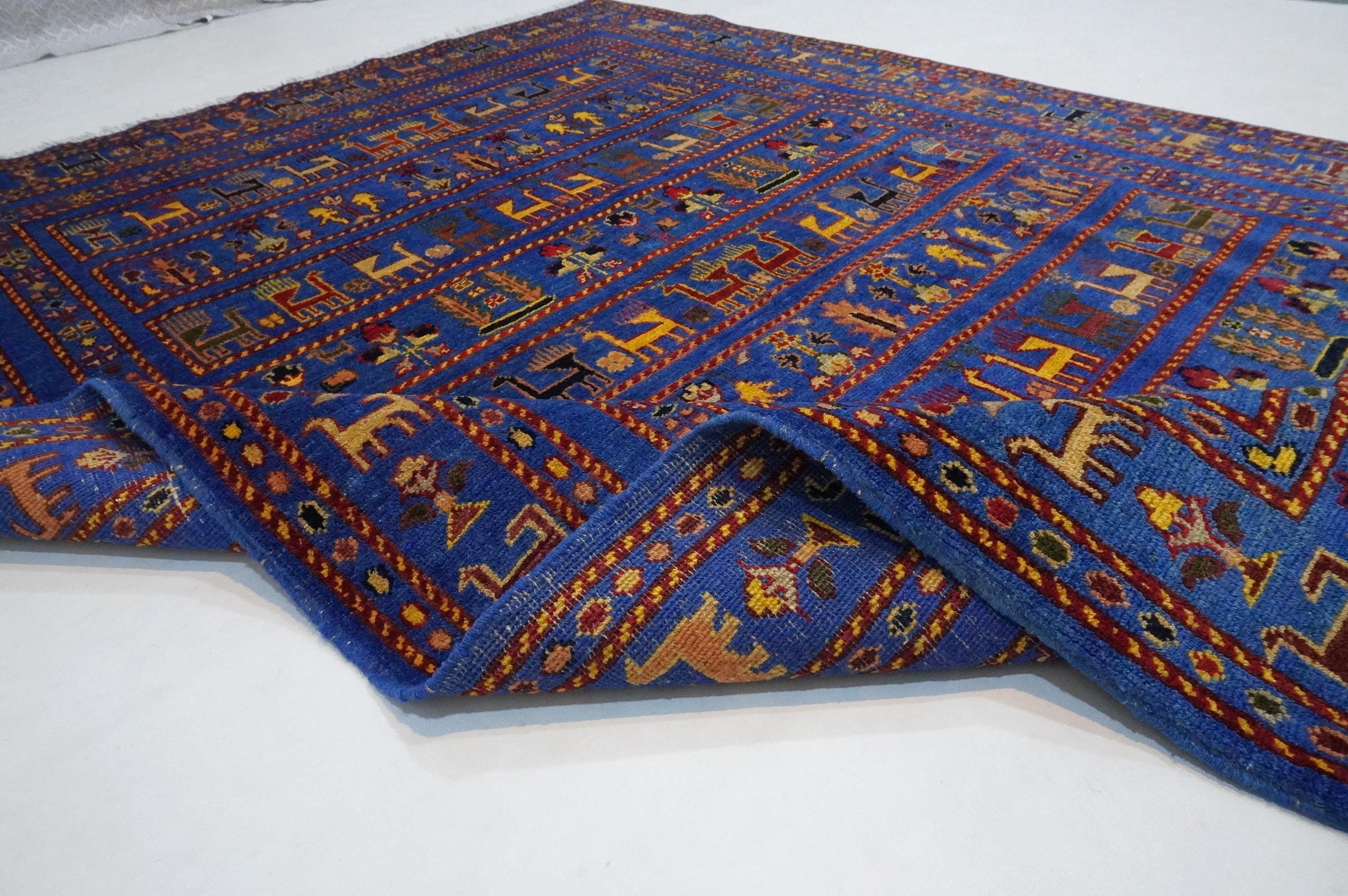 6x8 ブルー ピクトリアル ラグ/アフガニスタン ハンドメイド ウール