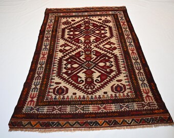 4x5 ft Vintage Turkmen Gull Berjesta Rug/ Handmade Wool Area Rug/ Oriental Afghan Rug/ Tribal Rug/ Antique Rug/ Baluchi Pictorial design Rug