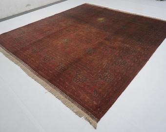 Tappeto quadrato vintage 7x7 / Tappeto Bukhara in terracotta / Tappeto afghano in lana fatto a mano / Tappeto orientale / Tappeto tribale turkmeno pregiato / Tappeto per soggiorno 6'5x7'0 piedi