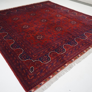 Red 7x7 Square Rug 6&#39;7x6&#39;11&quot; Turkmen Khal Muhammadi Bukhara rug/ Handmade Wool Rug/ Red Vintage Oriental Rug for Living Room Rug for Bedroom