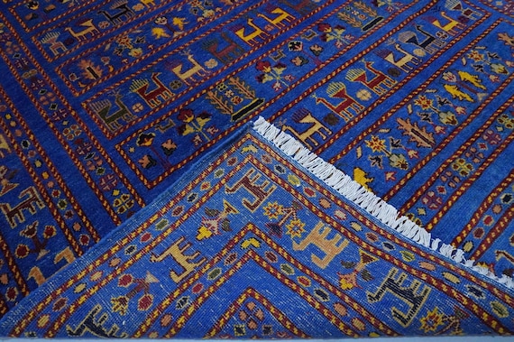 6x8 ブルー ピクトリアル ラグ/アフガニスタン ハンドメイド ウール