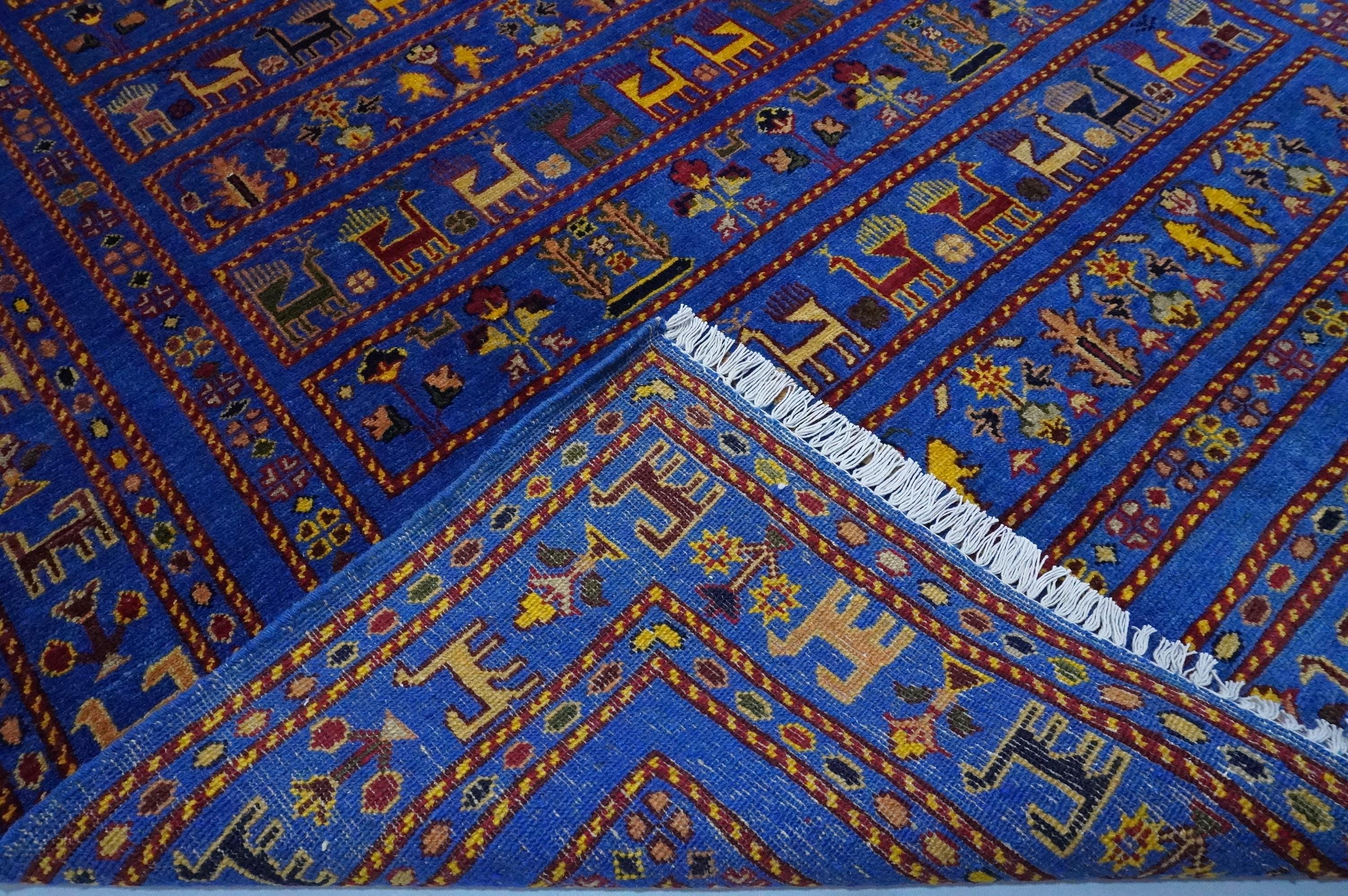 6x8 ブルー ピクトリアル ラグ/アフガニスタン ハンドメイド ウール