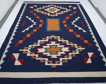 11'5x8'3 ft Navy Large Rug/ Handmade Wool Rug/ Afghan Flatweave Kilim Rug/ Modern Southwestern Rug/ 250x350 cm Traditional Rug/ Bedroom Rug