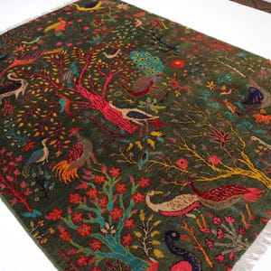 Handmade Pictorial Rug 6x8 Afghan Wool Green Area Rug/ Peacock Birds Trees Art Rug/ Oriental Turkmen Tribal Haunting Piece Rug Kids Room Rug