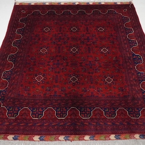 7x7 Red Vintage Square Rug 210x210 cm Turkmen Khal Muhammadi Bukhara rug Handmade Wool Rug/ Oriental Rug for Living Room Rug for Bedroom Rug