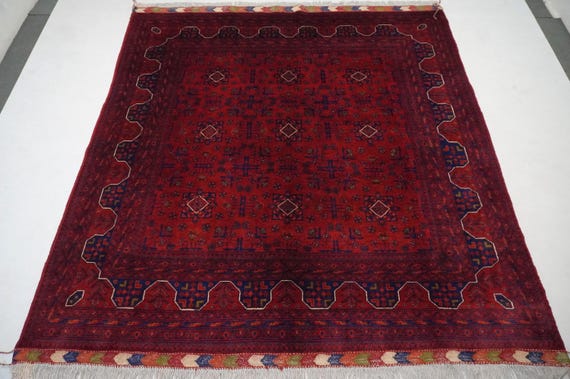 7x7 Red Vintage Square Rug 210x210 cm Turkmen Khal Muhammadi Bukhara rug Handmade Wool Rug/ Oriental Rug for Living Room Rug for Bedroom Rug