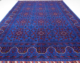 Tappeto turkmeno Bukhara blu 6x8 / Tappeto tribale afghano / Tappeto in lana fatto a mano / Tappeto orientale / Tappeto per camera da letto / Tappeto per soggiorno / Tappeto di 160 x 210 cm