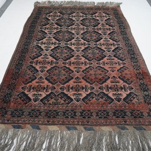 1960s Antique 9&#39;4x6&#39;7 ft Terracotta Black rug Afghan Yousufi Rug Handmade Wool rug/ Turkmen Tribal Rug/ Low Pile Distress Faded Area Rug 7x9