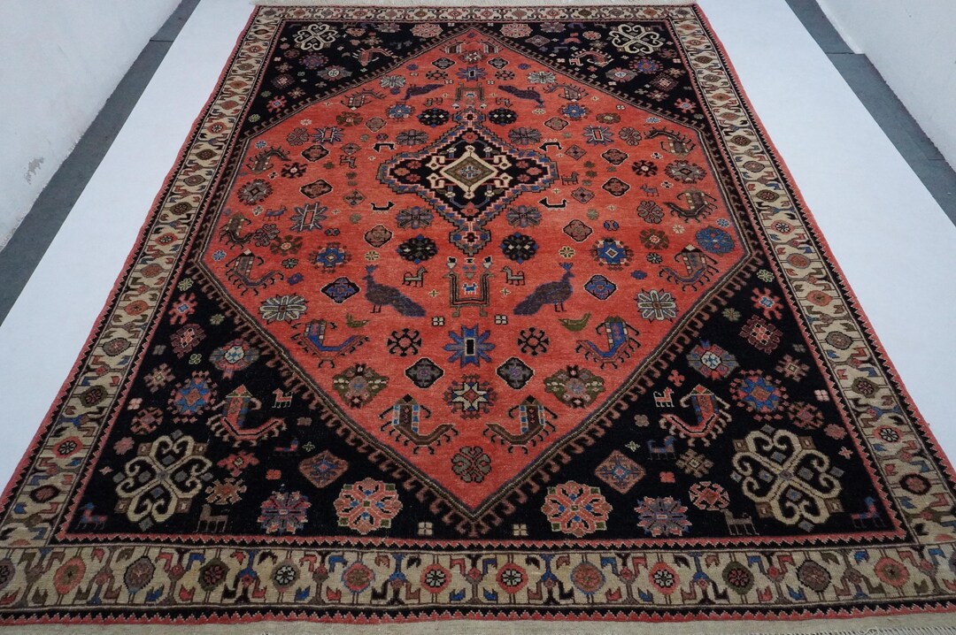 8x10 オレンジ アフガン 絵画ラグ トルクメン コーカサスデザイン