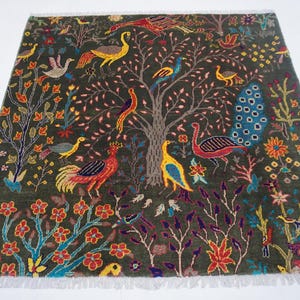 5x5 Dark Green Square Rug/ Pictorial Rug 150x150 Handmade Wool Rug/ Birds Peacocks Trees Rug/ Rare Rugs/ Bedroom Rug/ Office/ Kids Room Rug
