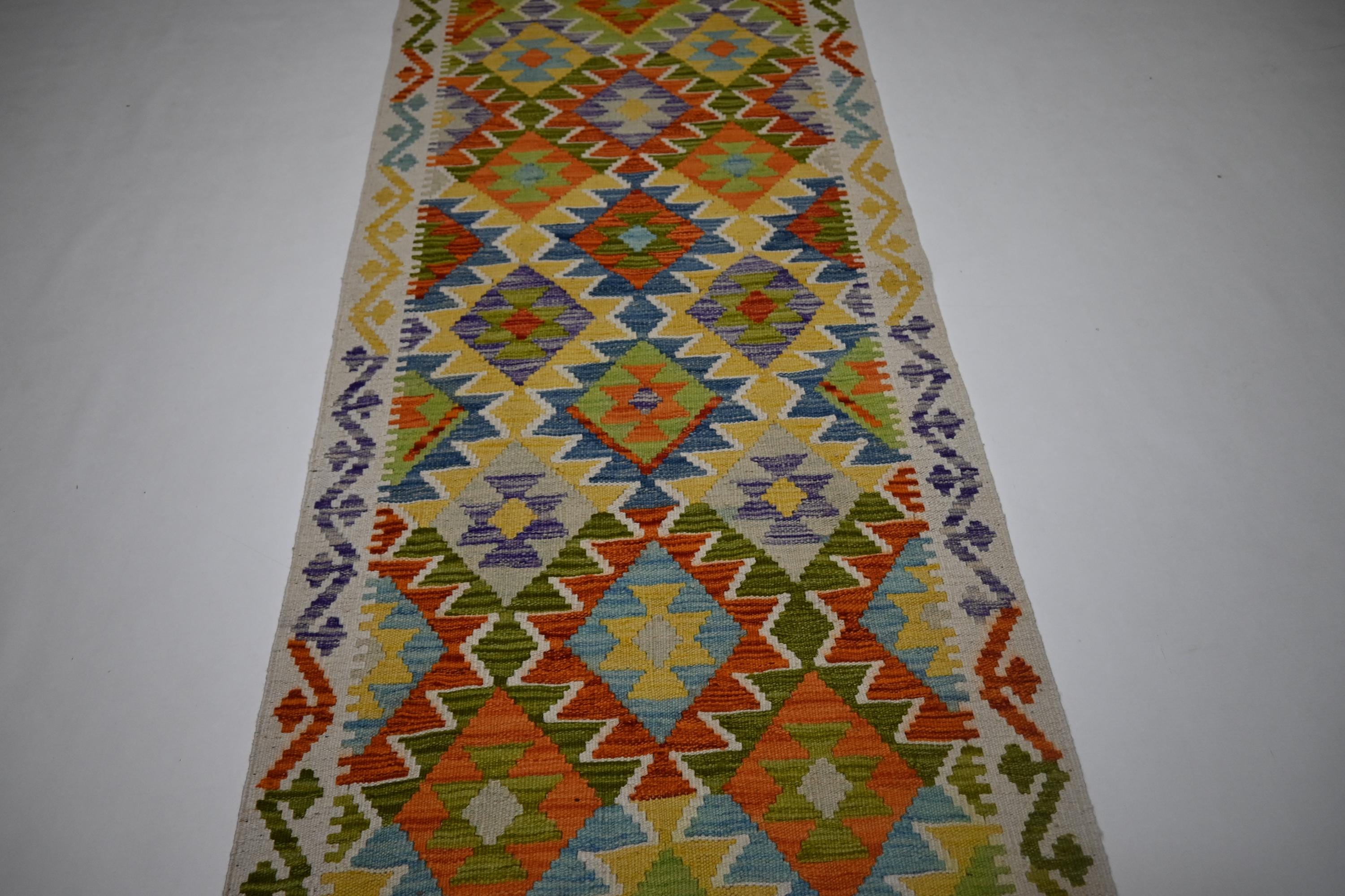 3x8 アフガンキリムランナーラグ/幾何学模様フラットウィーブキリム