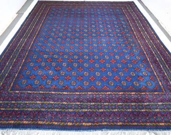9'8x13'1 ft Large Blue Rug/ Afghan Handmade Wool rug/ Turkmen Mowri Rug/ High Pile Soft Rug/ Living Room Rug Oriental Bedroom Rug 300x400cm