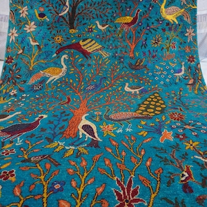6x8 Peacock Birds Trees Pictorial Rug/ Turquoise Rug/ Turkmen Fine Quality Handmade Soft Wool Rug Oriental Afghan Rug/ Bedroom/ Kid Room Rug