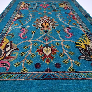 3x5 Afghan Rug/ Handmade Rug/ Wool Rug/ Turquoise Rug/ Bijdar Rug/ Turkish Rug/ Floral Rug/ Oushak Rug/ Bedroom Rug/ Office Rug/ Kitchen Rug