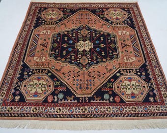 200x200 Terrakotta quadratischer Teppich / Turkmenischer Kaukasier Geometrischer Teppich / Handgefertigter Wollteppich / Vintage Muster Orientalischer Teppich für Wohnzimmer Teppich für Büro
