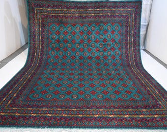 8x10 Large Rich Turquoise Area Rug/ Afghan Fine Turkmen Handmade Wool Rug/ Oriental Mowri Rug/ Rug for Bedroom/ Living Room Rug 7'10x9'9 ft"