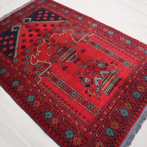 Vintage Prayer Rug 2&#39;11x4&#39;5 Afghan Prayer Rug 87x135 Antique Baluchi Rug/ Oriental Turkmen Area Rug/ Handmade Wool Rug/ 1990s Antique Carpet