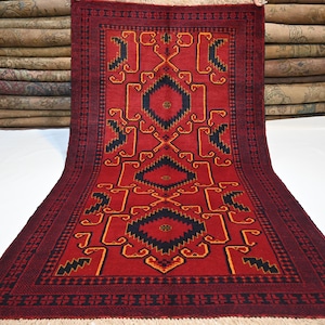 Red Black Antique Rug 3&#39;4x6&#39;1 Afghan Handmade Vintage rug/ 100% Wool Rug/ Turkmen Geometric Baluchi Rug/ Kitchen Rug Bedroom/ Office Rug 3x6