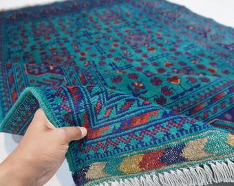 5x7 Turquoise Turkmen Bukhara Rug/ Afghan Hand-knotted Rug/ 100% Wool Rug/ Soft Area rug/ Oriental Afghan Rug/ Bedroom Rug/ Living Room Rug