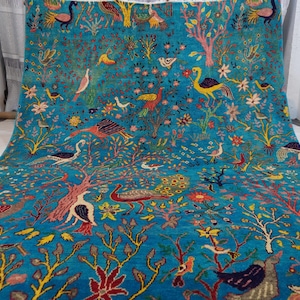 7x10 Turquoise Pictorial Rug 6&#39;6x9&#39;8&quot; Afghan Handmade Wool Rug/ Peacocks Birds Tress Rug/ Turkmen Modern Traditional Area Rug/ Kids Room Rug