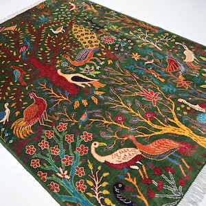 Rich Green Pictorial Rug 5x7 Afghan Handmade Wool Area Rug/ Peacock Birds Trees Rug/ Oriental Turkmen Rug/ Living room/ Kids Room 150x200 cm