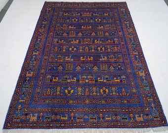 6x8 ブルー ピクトリアル ラグ/アフガニスタン ハンドメイド ウール
