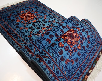 1'8x4'10 Afghan Bukhara Rug 50x150 cm Stunning Soft Pile Wool Fine Blue Rug/ Oriental Turkmen Rug/ Hallway Runner/ Kitchen Office Runner 2x5