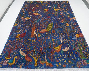 Peacock Birds Trees Pictorial Rug/ Custom Rugs/ Rich Blue Turkmen Fine Handmade Soft Wool Rug/ Afghan Rug/ Kids Room Square Rugs Runner Rugs