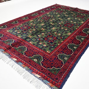 4x6 Green Bukhara Rug/ Afghan Fine Turkmen Hand Knotted Wool Area Rug/ Oriental Rug/ Rug for Bedroom/ Living Room/ Office Carpet 120x185 cm