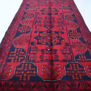 2&#39;10x5&#39;3 ft Vintage Turkmen Bukhara rug 3x5 Afghan Handmade Wool Area Rug/ Red Khal Muhammadi Rug/ Oriental Rug/ Rug for Bedroom/ Office Rug