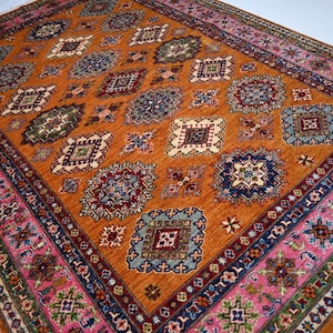 6x8 Orange Bijdar Rug Rug/ Turkmen Modern Area Rug/ Handmade Wool Rug/ Oriental Rug/ Natural Veg dyes Rug/ Bedroom Rug/ Living Room Area Rug