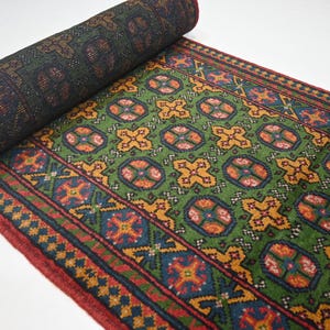 Green 13 ft Runner Rug/ Turkmen Handmade Mowri Rug/ Soft Pile Wool Rug/ Oriental Afghan Rug/ Hallway Runner Rug/ Stairs Treads Runner Rug
