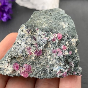 May include: A rough, dark gray rock with multiple small, bright pink ruby crystals embedded throughout. The rock has a textured surface and a few areas of lighter, off-white coloration. The crystals are a vibrant pink color.