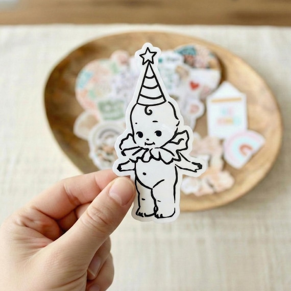 Vintage Baby Clown Sticker – Kewpie Style Vinyl, Retro Art Decal