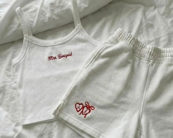 Completo da sposa ricamato / Canotta da sposa personalizzata e pantaloncini in pile con medaglione