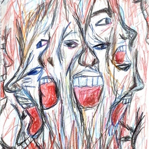 Könnte beinhalten: Buntstiftzeichnung mit mehreren Gesichtern in vertikaler Anordnung. Die Gesichter mit geöffneten Mündern und roten Zungen sind von roten, blauen und braunen Kritzeleien umgeben, was einen chaotischen Effekt erzeugt.