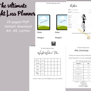 Könnte beinhalten: Ein ausdruckbarer Gewichtsverlustplaner mit dem Titel "The Ultimate Weight Loss Planner". Die Seiten enthalten Abschnitte für Vorher- und Nachher-Fotos, Körpermaße, einen Trainingsplan und eine PAL-Formel-Tabelle. Erhältlich in A4, A5 und Letter-Größen.