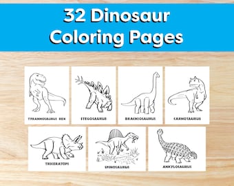 32 Dinosaur Coloring Pages for Kids, Toddlers, Kindergarten, Preschoolers, Homeschool, Print at Home, Printable