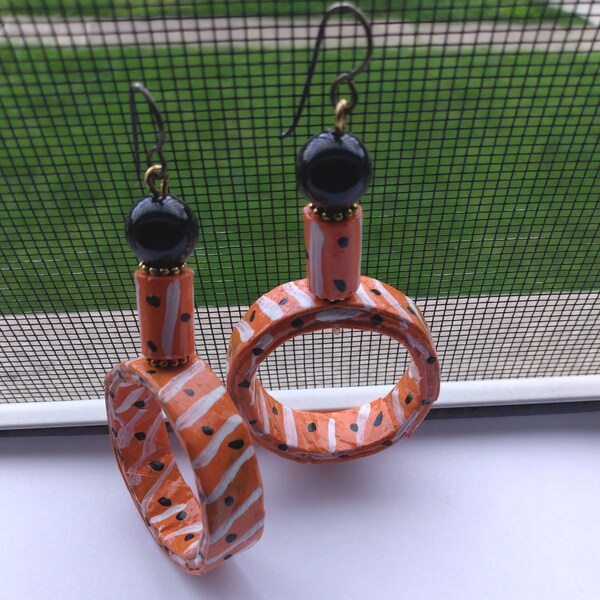 Bold Orange Black White Earrings, Statement Hoop Earrings