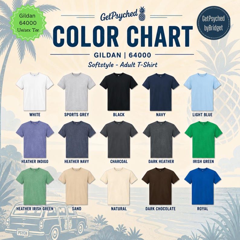 May include: A Gildan 64000 Softstyle t-shirt color chart featuring fifteen short-sleeve shirts in various colors including white, sports grey, black, navy, light blue, heather indigo, heather navy, charcoal, dark heather, irish green, heather irish green, sand, natural, dark chocolate, and royal.